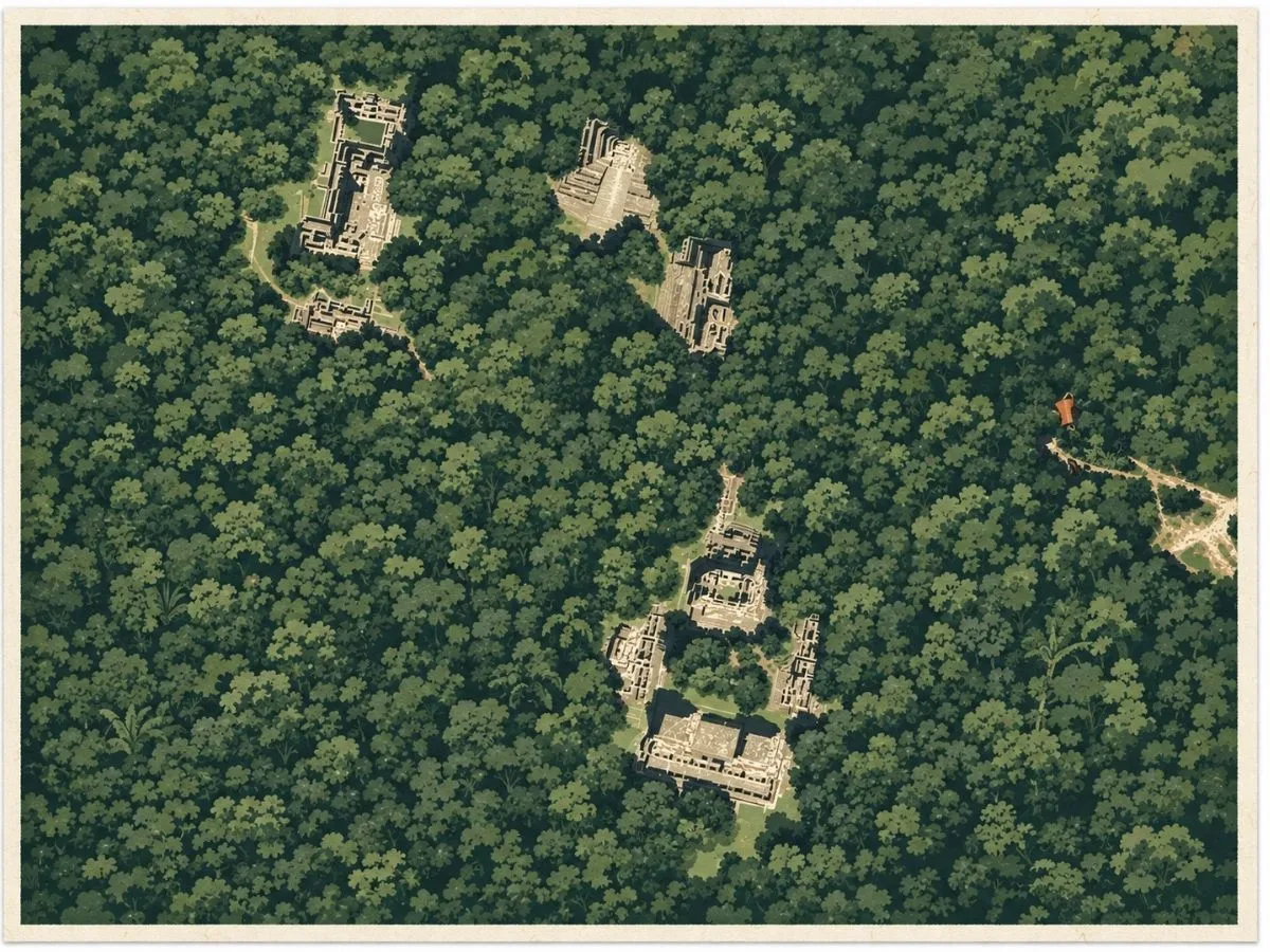 Illustrated aerial site map of Becán in Campeche, Mexico, showing Maya temple and palace groups, plazas, pathways, and structures surrounded by dense tropical forest.