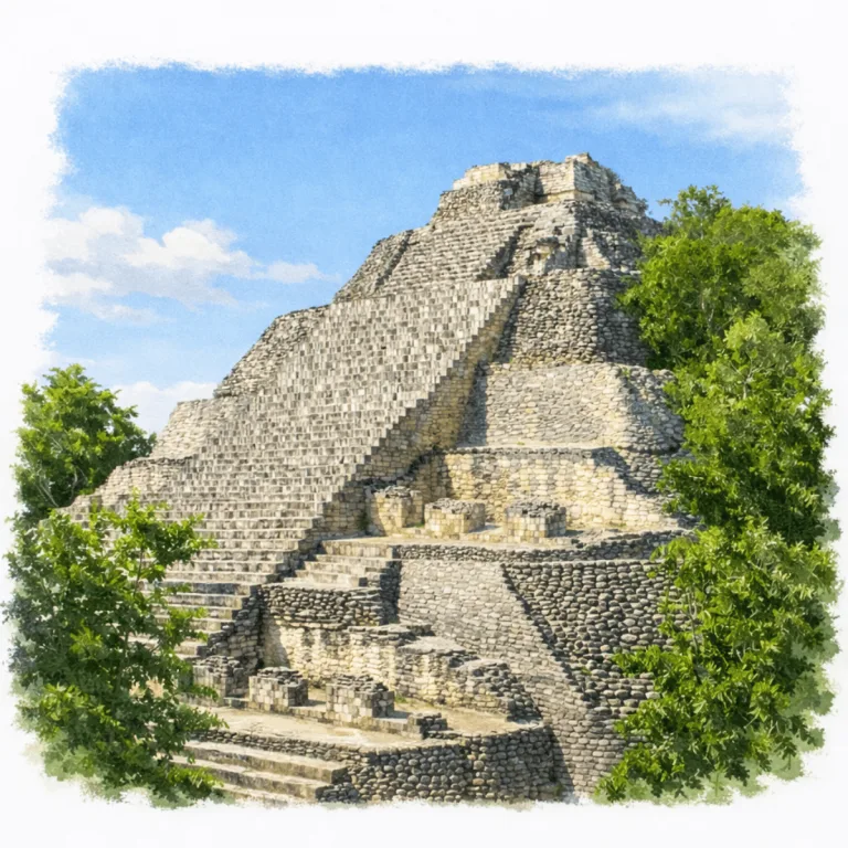 Structure IX at Becán, a Maya pyramid in Campeche, Mexico, with a broad central staircase rising through steep stepped terraces.