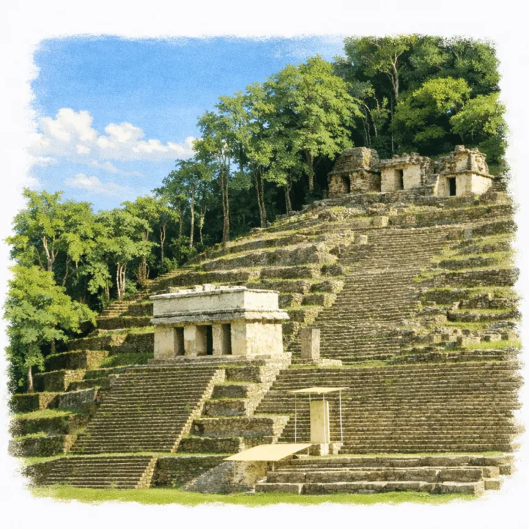 Acropolis at Bonampak in Chiapas, Mexico, with the Temple of the Paintings on the lower terrace and stepped Maya platforms rising behind it.