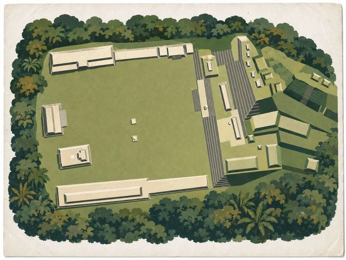 Illustrated aerial site map of Bonampak in Chiapas, Mexico, showing the Great Plaza, surrounding Maya buildings, the stepped Acropolis, and dense forest around the site.