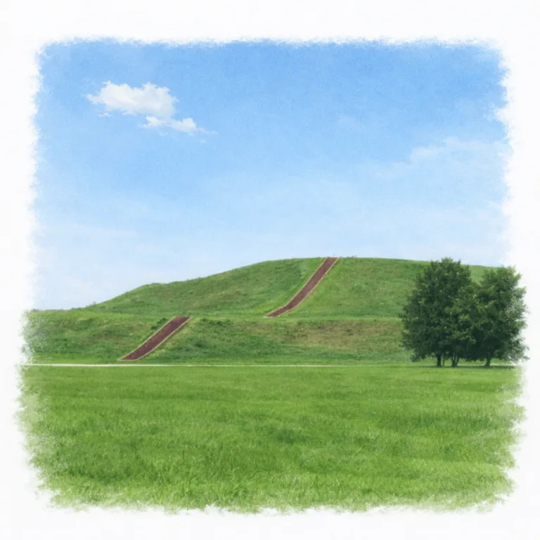 Monks Mound at Cahokia Mounds in Illinois, showing the large terraced earthen platform mound with stairways across the grassy slope.