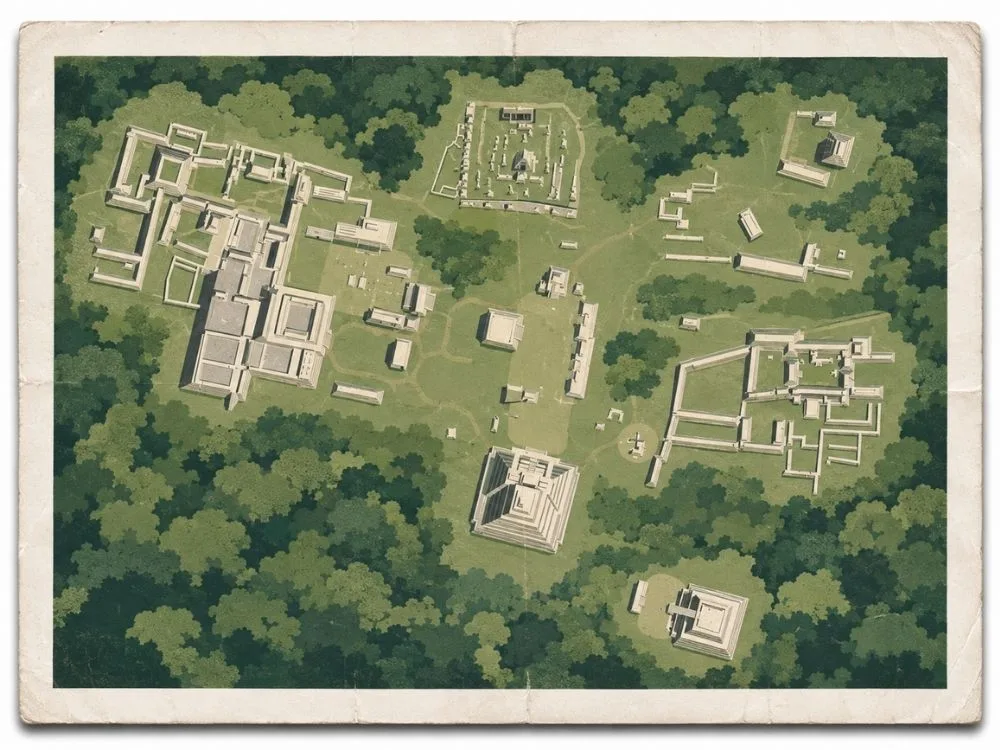 Illustrated aerial site map of Calakmul in Campeche, Mexico, showing major Maya temple and plaza complexes surrounded by dense tropical forest. Calakmul contains several monumental complexes centered on the Grand Central Plaza.
