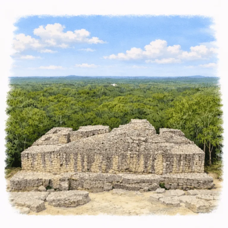 Summit palace atop Structure II at Calakmul in Campeche, Mexico, overlooking the surrounding Maya rainforest. The palace dates to the Late Classic period.