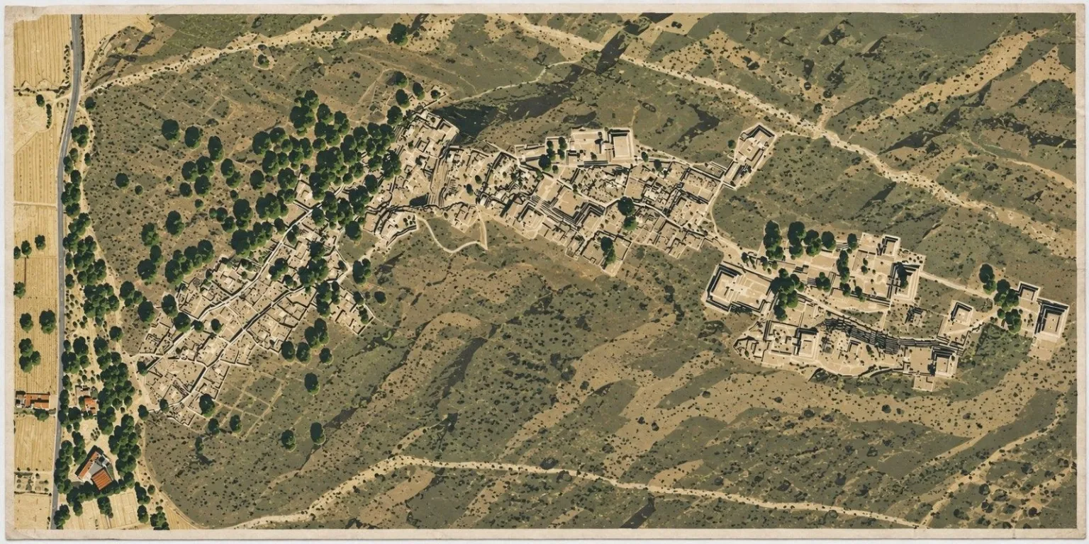 Illustrated aerial site map of Cantona in Puebla, Mexico, showing dense groups of stone structures, plazas, pathways, terraced slopes, and the surrounding dry highland landscape.