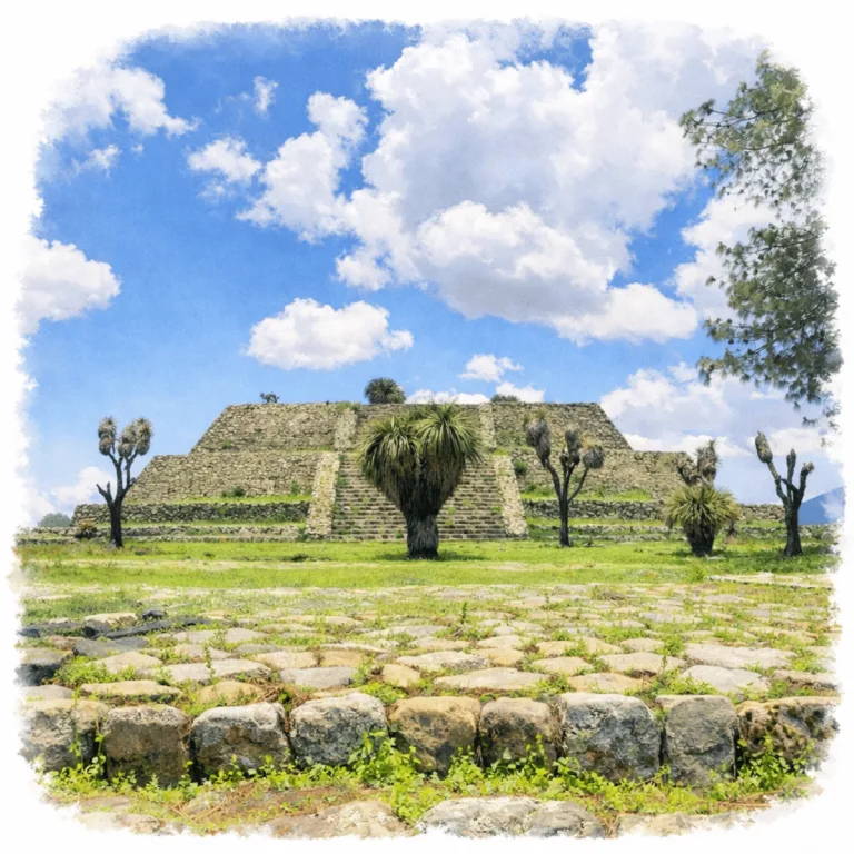 Pirámide del Mirador in Plaza Oriente at Cantona, Puebla, Mexico, with a broad stone staircase and stepped terraces.