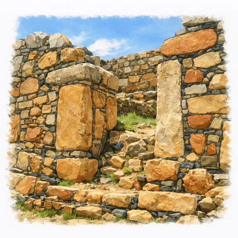 Cerro Miraflores in Huamachuco, La Libertad, Peru, showing stone walls and an access opening within the archaeological ruins.