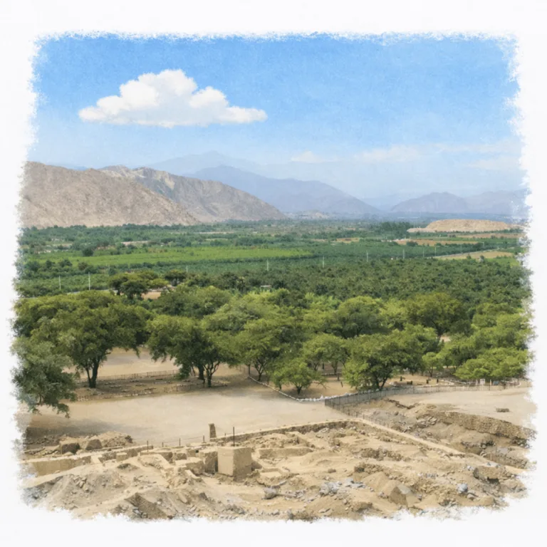 Excavated stone remains at Cerro Sechín overlooking the green Casma Valley and arid mountains of Áncash, Peru.
