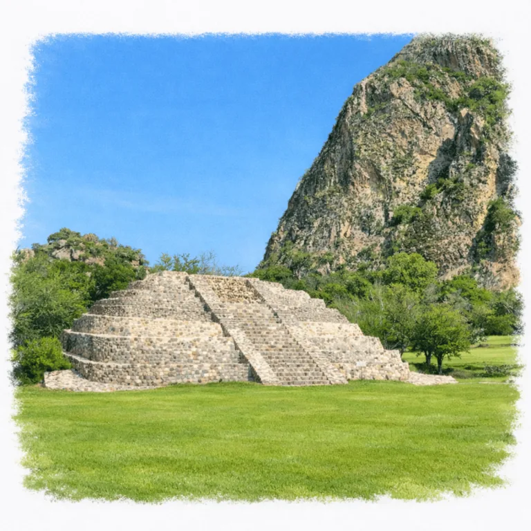 Structure B at Chalcatzingo in Morelos, Mexico, with its eight-tiered pyramidal form beneath Cerro Chalcatzingo.