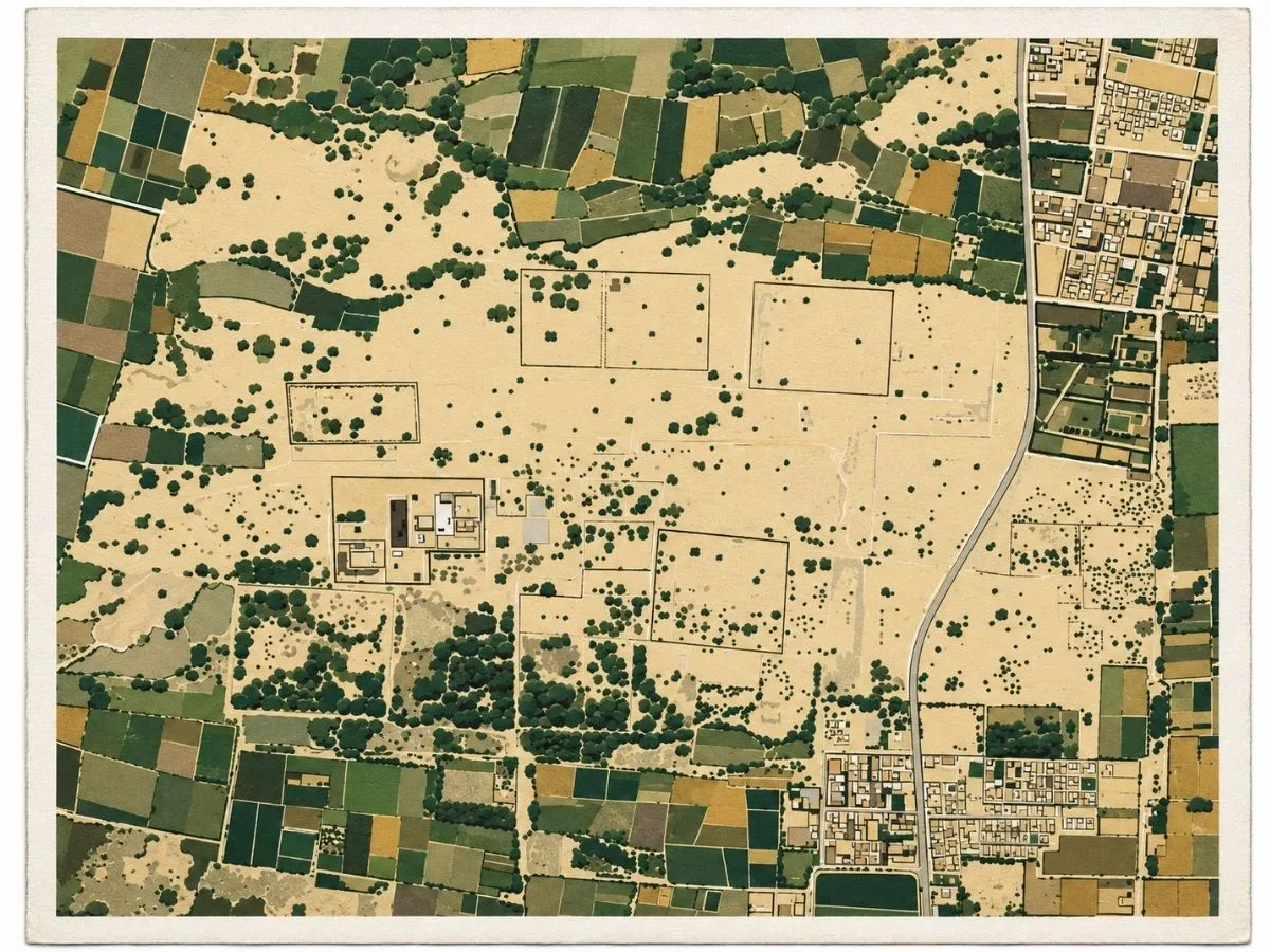 Illustrated aerial site map of Chan Chan near Trujillo, Peru, showing large Chimú walled compounds, plazas, pathways, surrounding fields, and nearby urban areas.