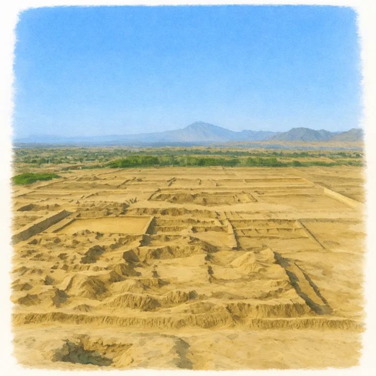 Chan Chan near Trujillo, Peru, showing the vast adobe ruins and walled compounds of the ancient Chimú capital across the desert landscape.