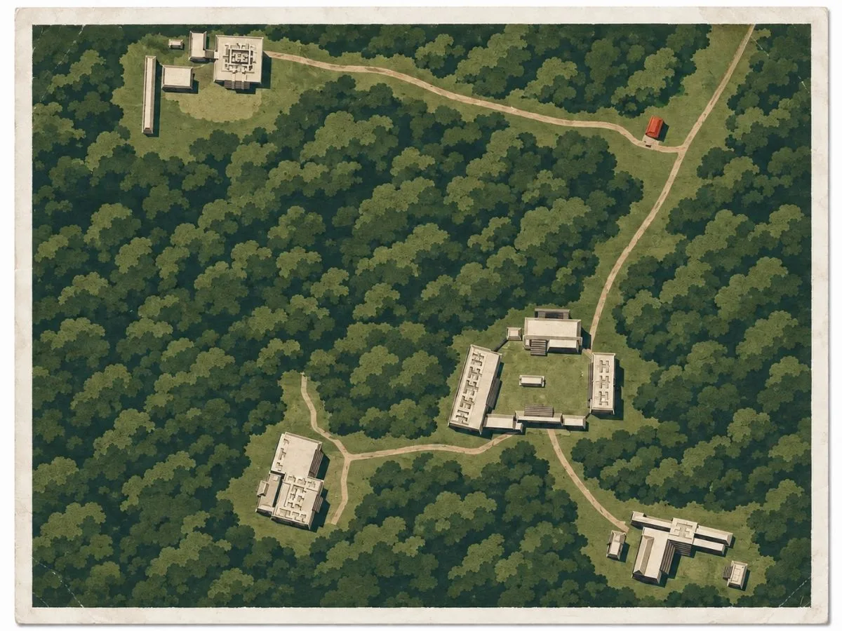 Illustrated aerial site map of Chicanná in Campeche, Mexico, showing Maya building groups, courtyards, pathways, and structures separated by dense tropical forest.