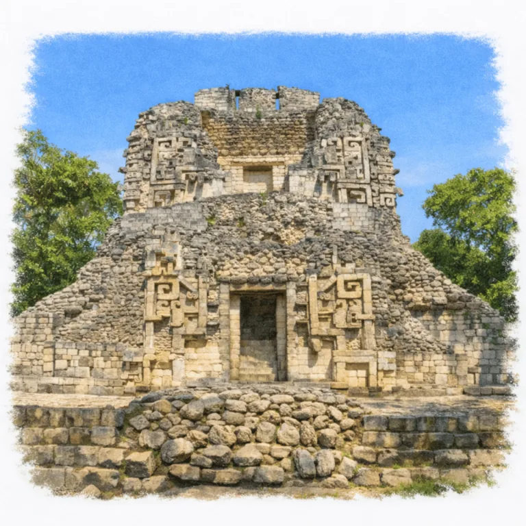 Structure II at Chicanná in Campeche, Mexico, with a monumental Maya zoomorphic doorway representing the open jaws of Itzamná.