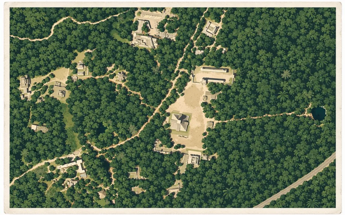 Illustrated aerial map of Chichén Itzá in Yucatán, Mexico, showing El Castillo, the Great Ball Court, temple complexes, plazas, causeways, and the Sacred Cenote.