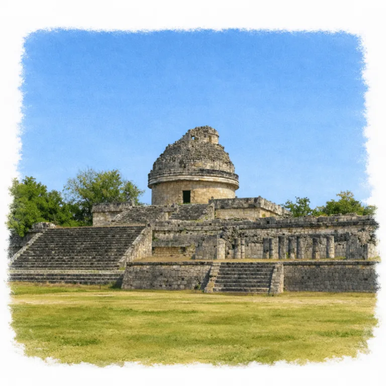 El Caracol observatory at Chichén Itzá in Yucatán, Mexico, with its circular Maya tower rising above stepped platforms and surrounding stone architecture.
