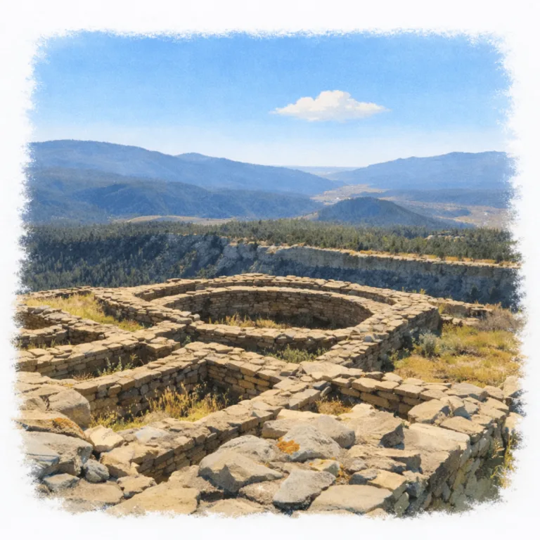 Chimney Rock National Monument in Colorado, USA, showing the circular Great Kiva stone ruin on a high mesa with forested mountains in the background.