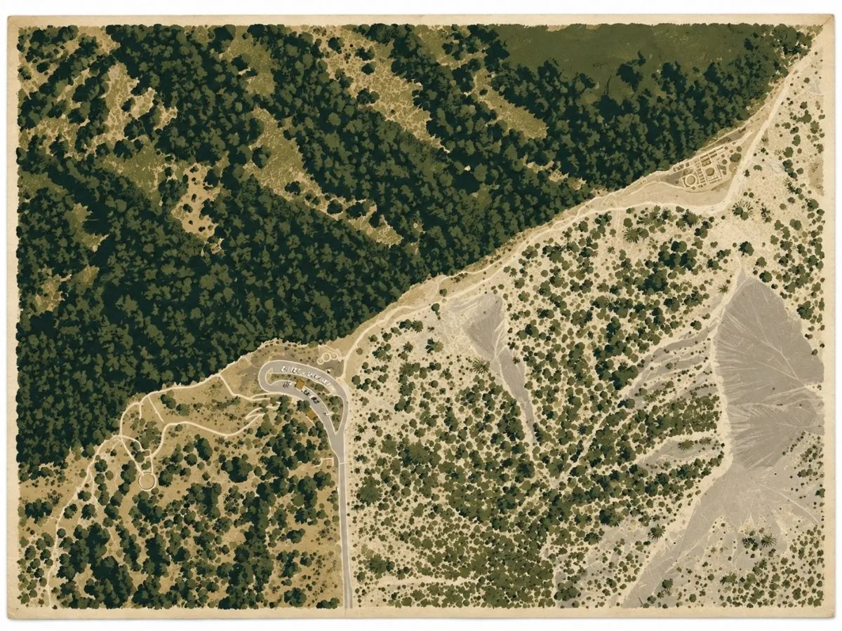 Illustrated aerial site map of Chimney Rock National Monument in Colorado, showing Ancestral Pueblo structures, trails, roads, and archaeological areas surrounded by forest.