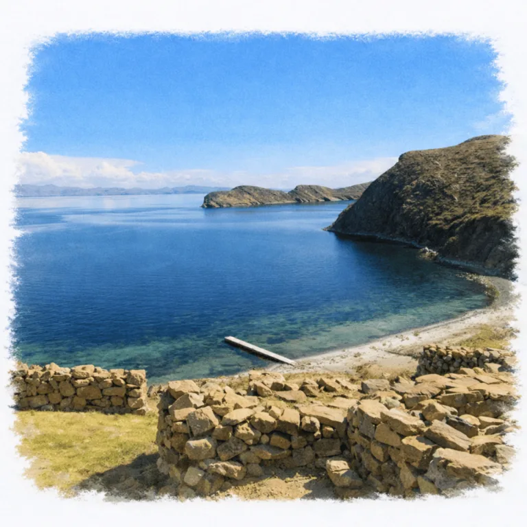 Stone ruins of the Chincana Labyrinth on Isla del Sol, Bolivia, overlooking the blue waters of Lake Titicaca.