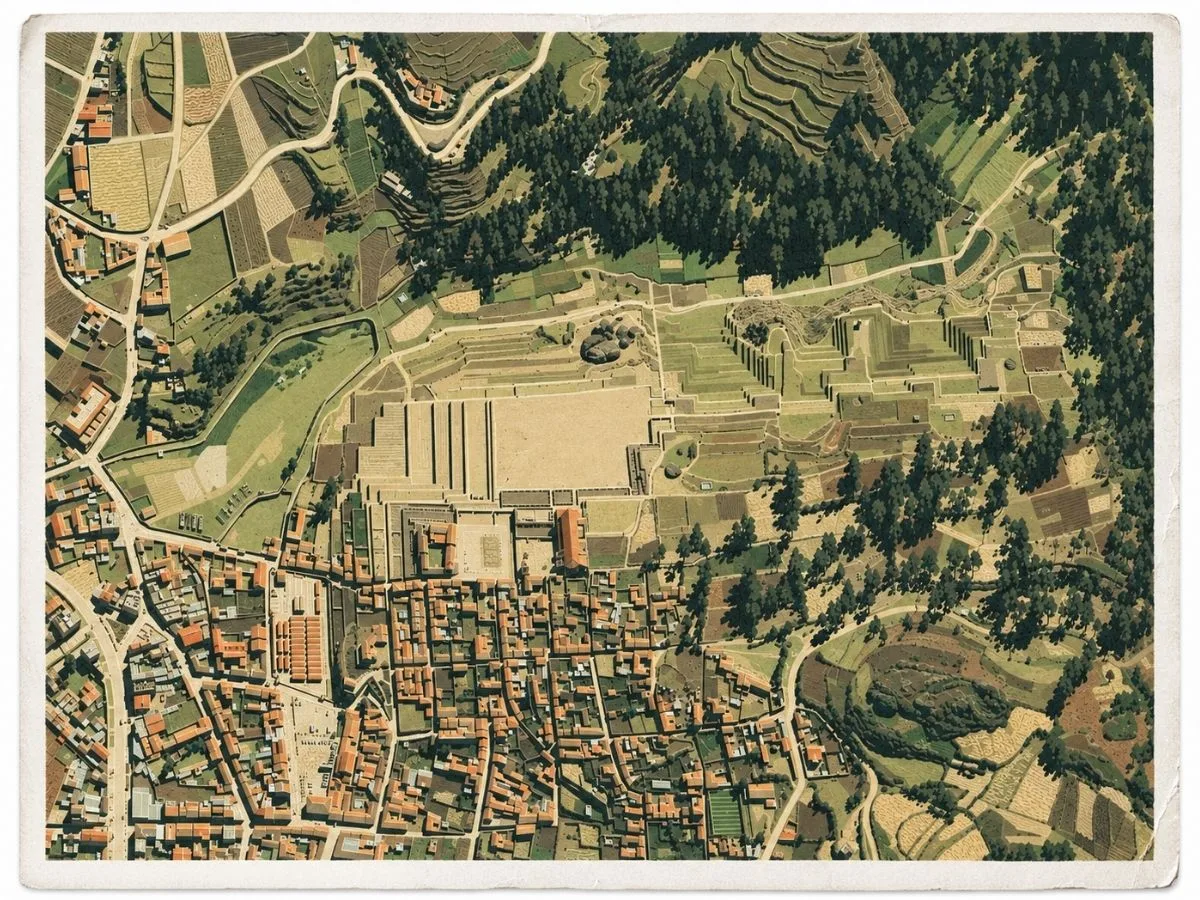 Illustrated aerial site map of Chinchero in Cusco, Peru, showing Inca terraces, palace remains, pathways, surrounding farmland, forested slopes, and the modern town.