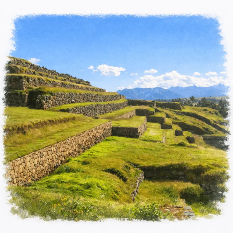 Inca agricultural terraces at Chinchero in Cusco, Peru, descending across the hillside with the Andes mountains in the distance.