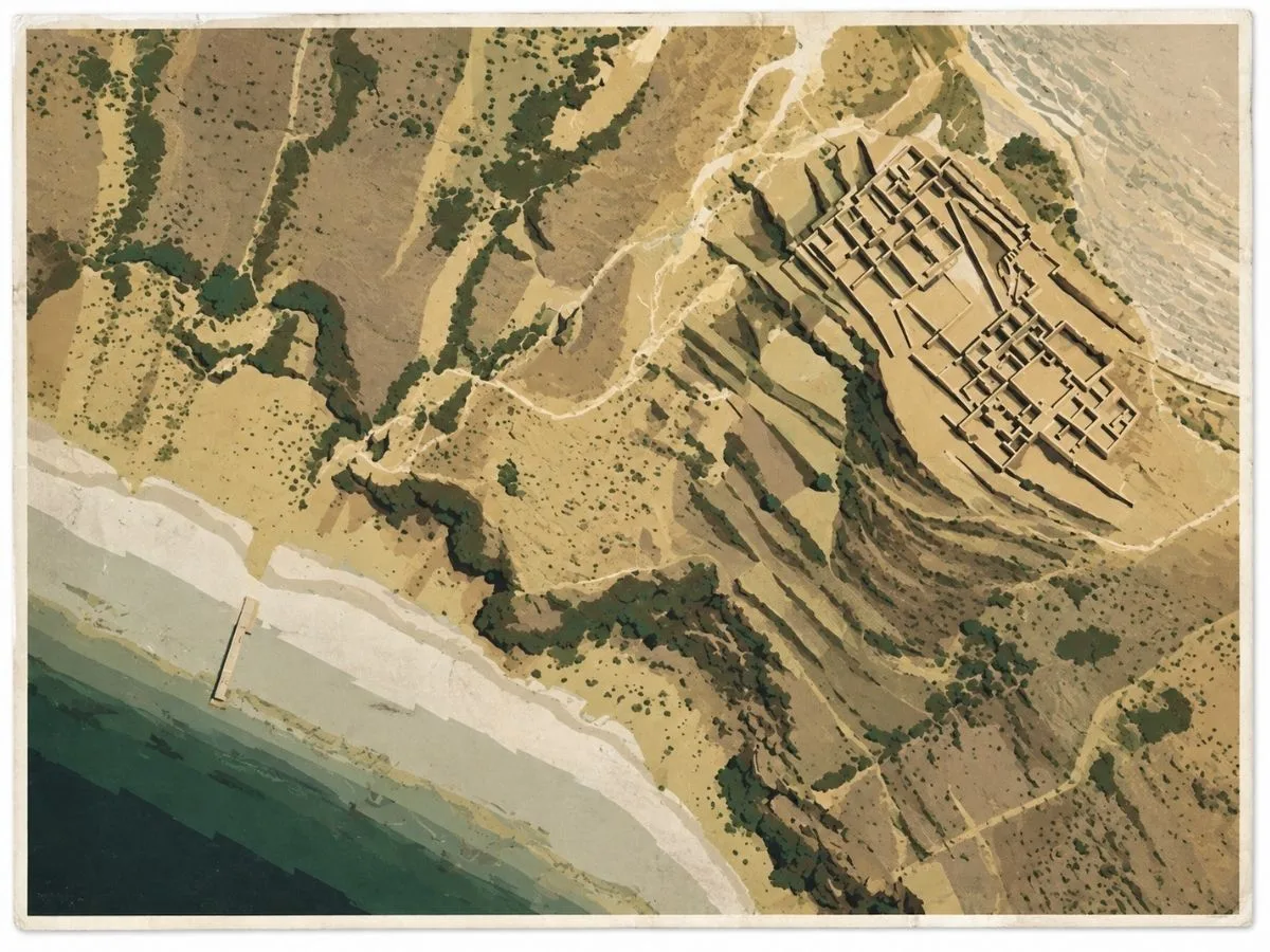 Illustrated aerial site map of Chinkana on Isla del Sol in Bolivia, showing the Inca labyrinth complex on a rocky ridge above Lake Titicaca with surrounding paths and dry highland terrain.