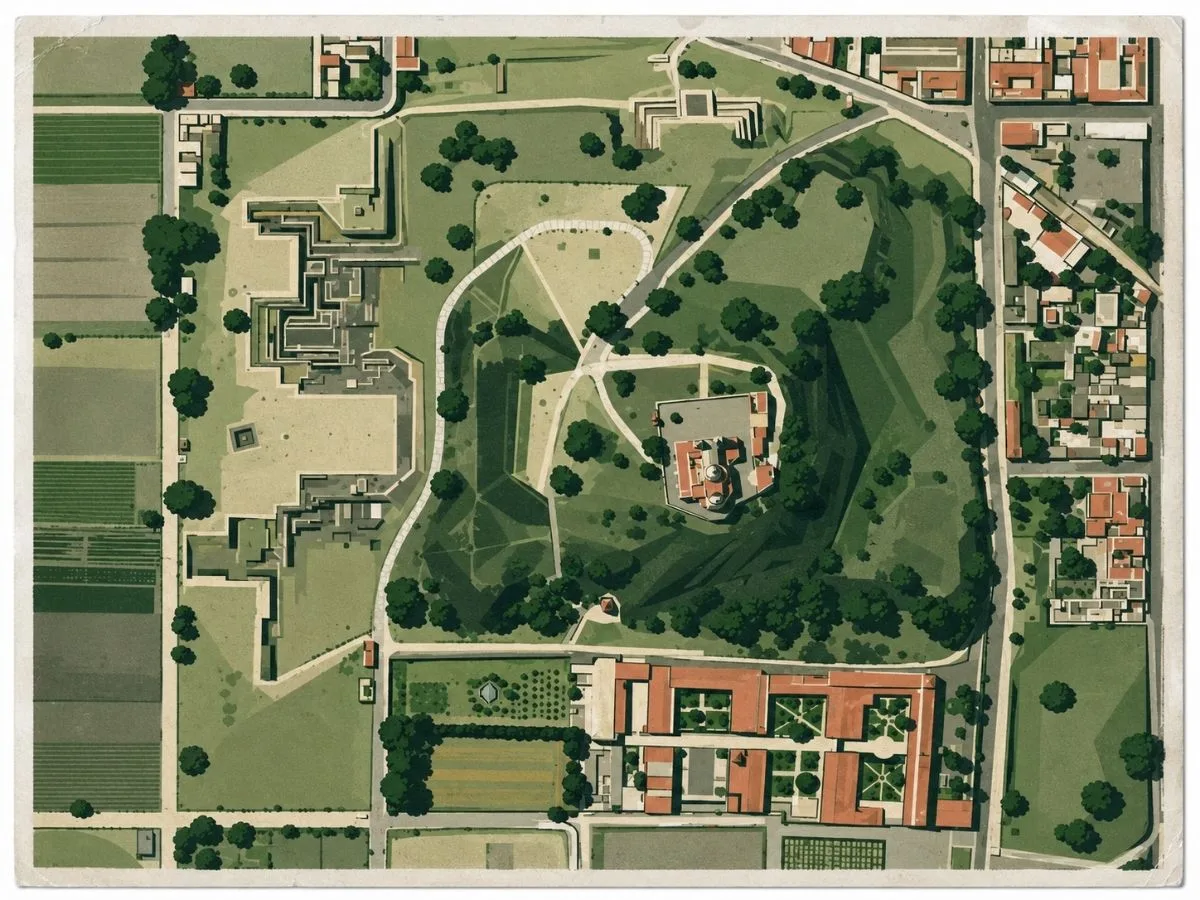 Illustrated aerial site map of Cholula in Puebla, Mexico, showing the Great Pyramid, archaeological structures, pathways, surrounding fields, and the church of Nuestra Señora de los Remedios on the summit.