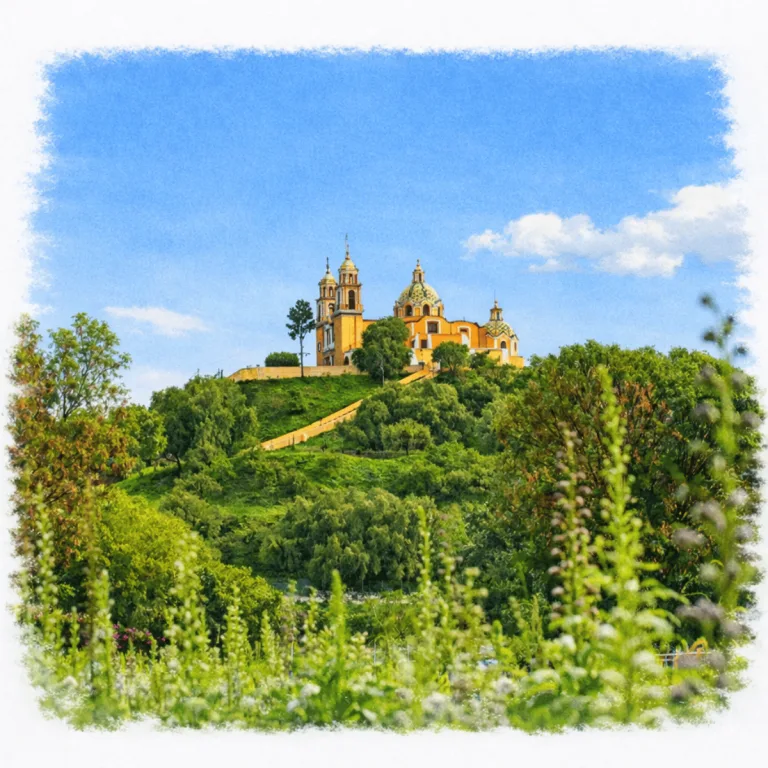 Great Pyramid of Cholula in Puebla, Mexico, appearing as a tree-covered hill crowned by the Church of Nuestra Señora de los Remedios.