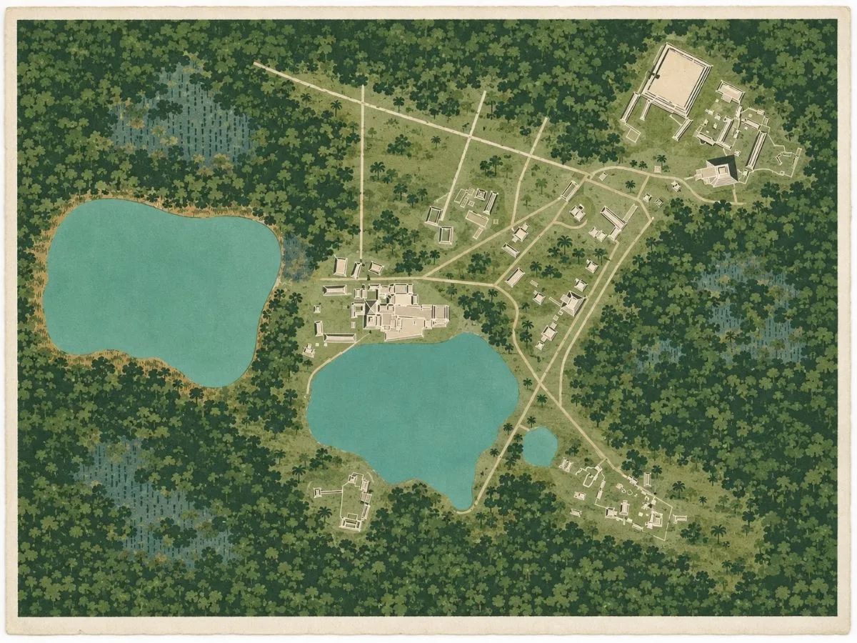 Illustrated aerial site map of Cobá in Quintana Roo, Mexico, showing Maya temple groups, sacbe roads, lakes, pathways, and archaeological structures spread through dense tropical forest.
