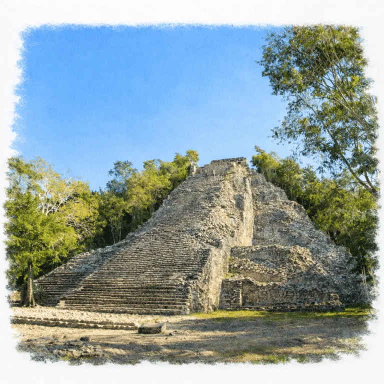 Cobá in Quintana Roo, Mexico, showing the Nohoch Mul pyramid rising above the surrounding forest at the Maya archaeological site.