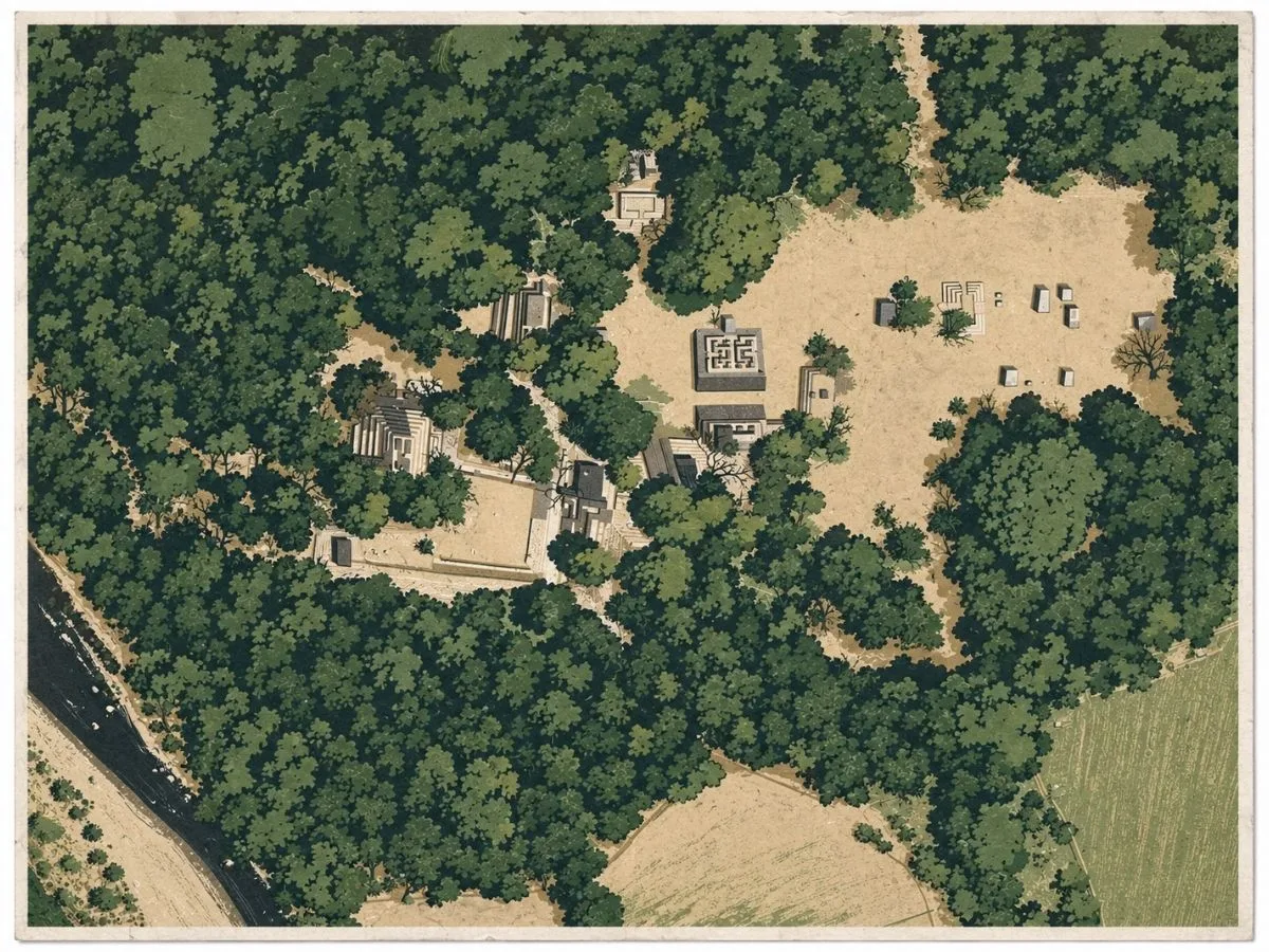Illustrated aerial site map of Copán in Honduras, showing the Maya Acropolis, Great Plaza, temples, ballcourt, pathways, monuments, and surrounding forest.
