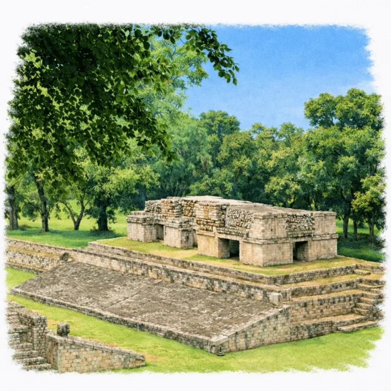 Structure 10L-10 at Copán in Honduras, with a sloping stone ballcourt wall and low Maya building rising above the eastern side of Ballcourt A-III.