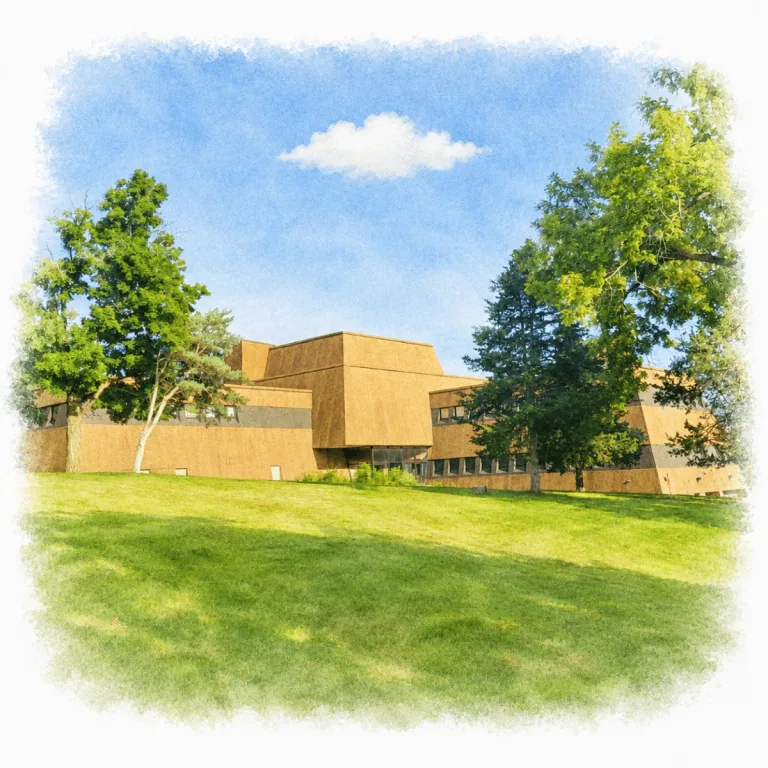 Dickson Mounds Museum near Lewistown, Illinois, with an angular earth-toned building surrounded by a broad lawn and mature trees.