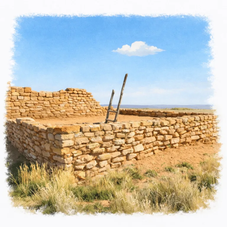Edge of the Cedars State Park Museum in Blanding, Utah, USA, showing Ancestral Puebloan stone ruins with a kiva ladder inside the archaeological site.