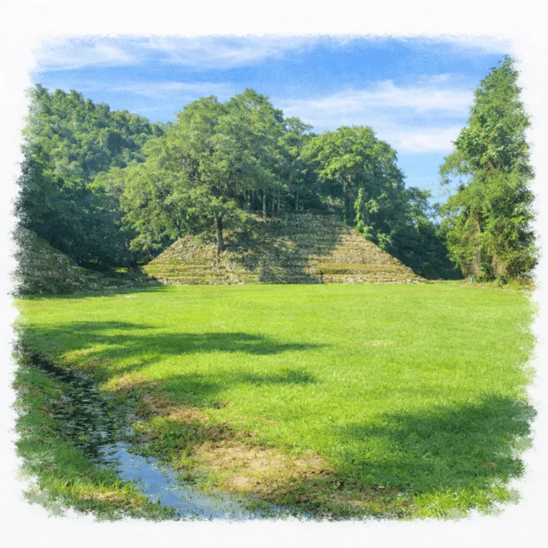 El Cuajilote in Veracruz, Mexico, showing a Totonac pyramid structure beside a stream in the Filobobos archaeological region.