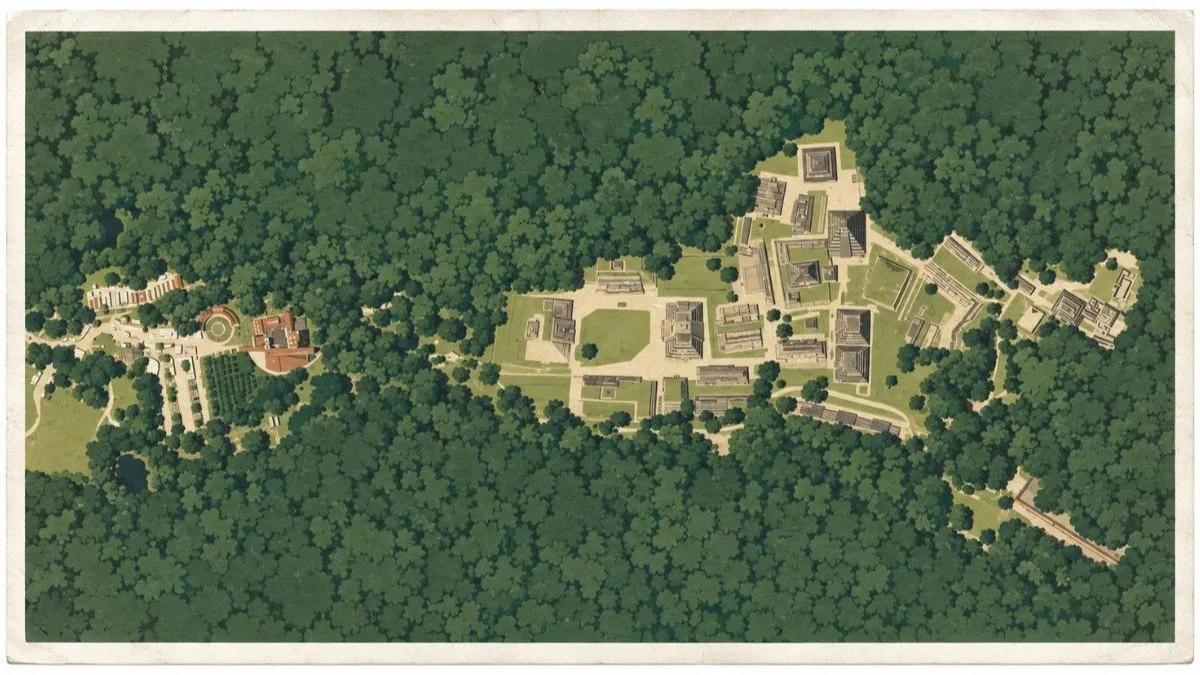 Illustrated aerial site map of El Tajín in Veracruz, Mexico, showing pyramids, plazas, ballcourts, pathways, and the archaeological core surrounded by dense forest.