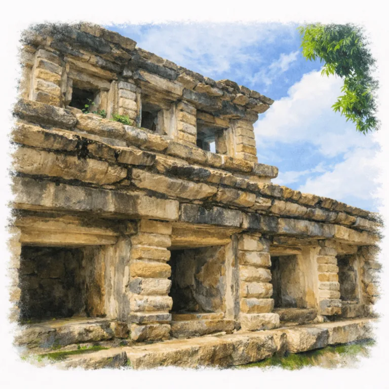 Pyramid of the Niches at El Tajín in Veracruz, Mexico, with stepped terraces, a central staircase, and rows of recessed architectural niches.