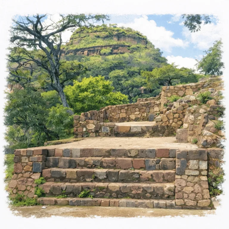 Temple of Tláloc at the summit of the El Tlatoani archaeological site in Tlayacapan, Morelos, with stone steps, masonry terraces, and a mountain rising in the background.
