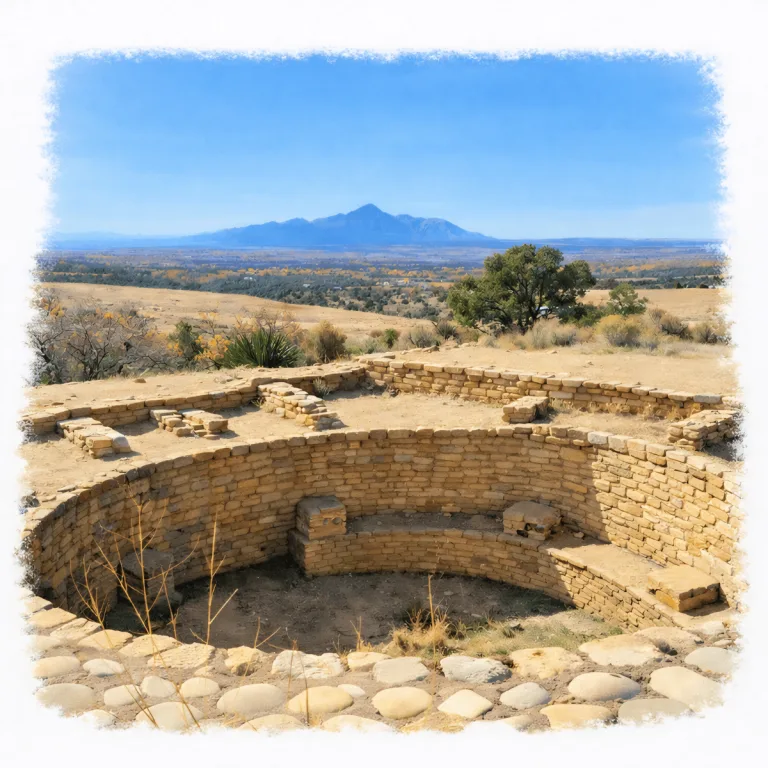 Stone kiva and surrounding masonry walls at Escalante Pueblo, an Ancestral Puebloan site near Dolores, Colorado, with Ute Mountain visible in the distance.