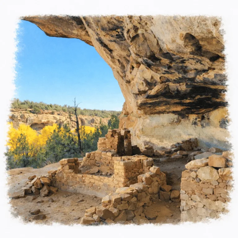 View from inside the sandstone alcove at Five Kiva Pueblo near Blanding, Utah, showing Ancestral Puebloan masonry rooms beneath the rock overhang and the Westwater Creek canyon landscape beyond.
