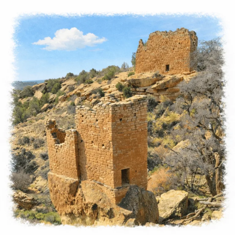Holly Tower at Hovenweep National Monument in southeastern Utah, an Ancestral Puebloan masonry tower built on a sandstone boulder in Keeley Canyon, with Holly House standing on the canyon rim behind it.