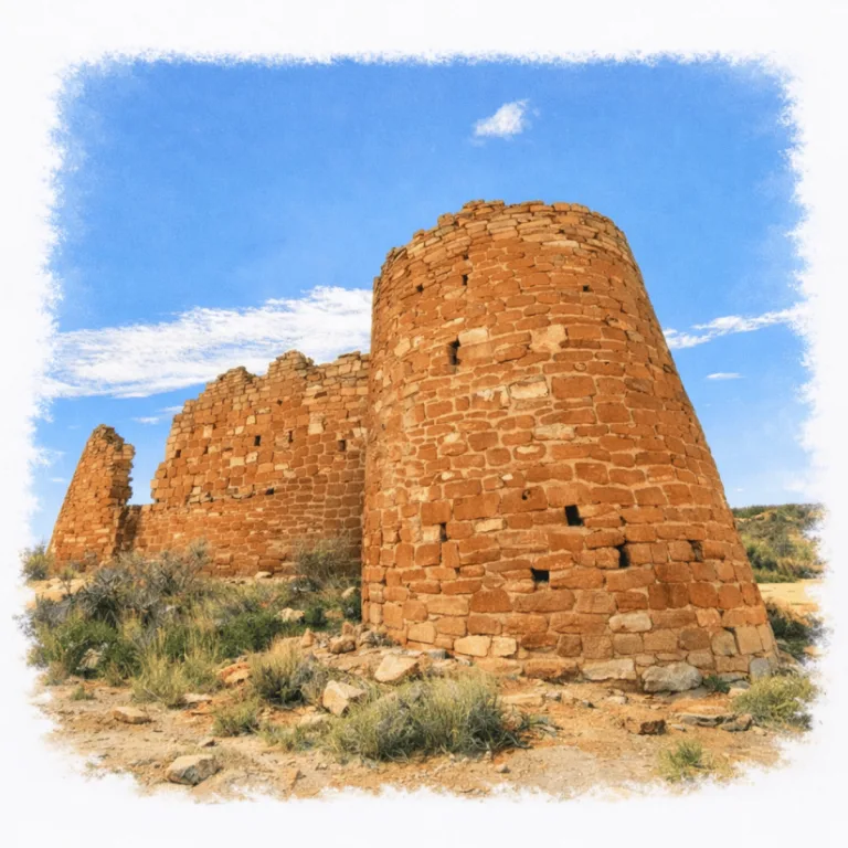Hovenweep Castle in the Square Tower Group at Hovenweep National Monument, showing the massive Ancestral Puebloan masonry complex with its prominent D-shaped tower and adjoining stone walls. The National Park Service identifies Hovenweep Castle as two D-shaped towers built near the head of Little Ruin Canyon.