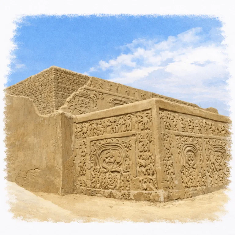 Huaca Arco Iris, also known as Huaca El Dragón, near Trujillo, Peru, with adobe walls decorated with rainbow and zoomorphic reliefs.