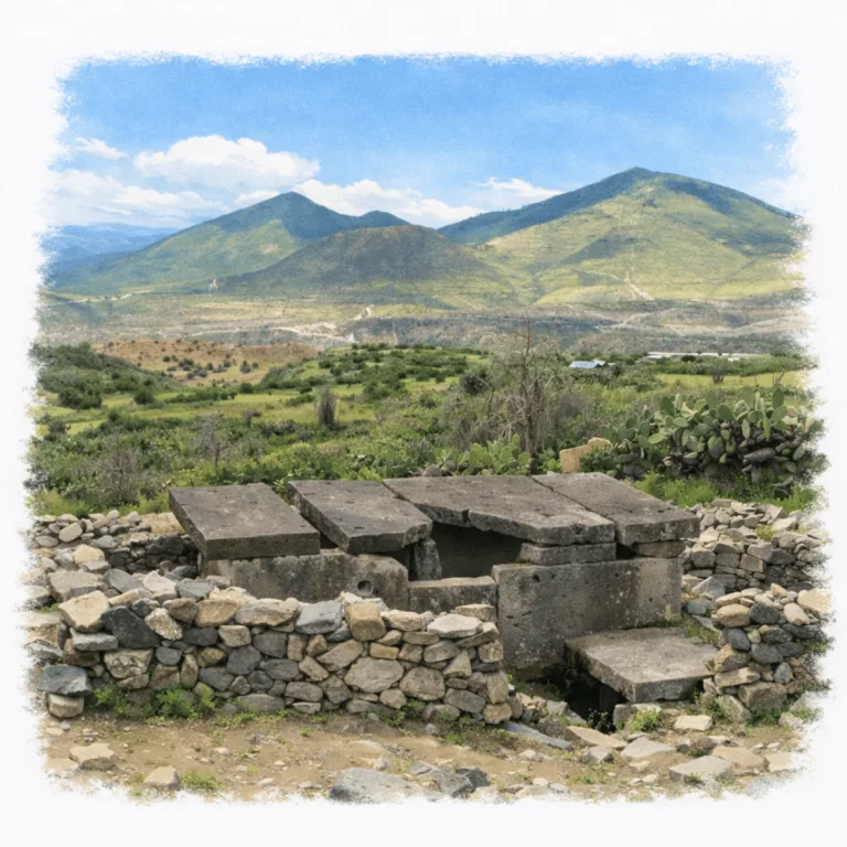 Megalithic stone structure at the Huari archaeological site in Ayacucho, Peru, overlooking the surrounding valley and mountains.