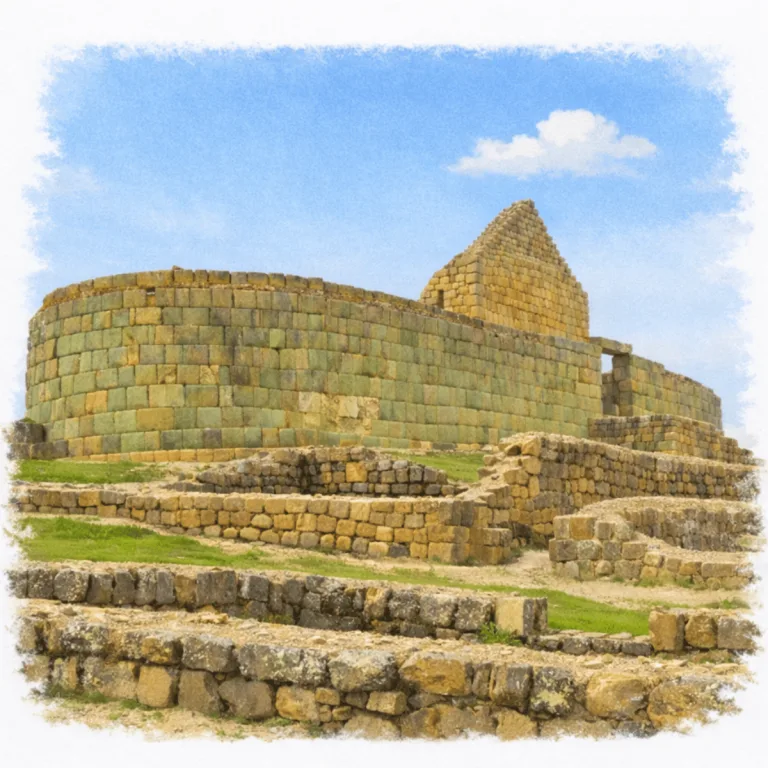 Temple of the Sun at Ingapirca in Cañar, Ecuador, showing the curved Inca stone wall, trapezoidal doorway, and surrounding archaeological foundations.