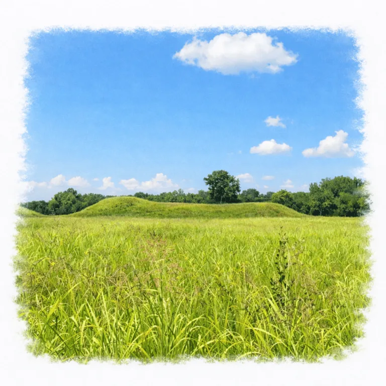 Mississippian platform mounds at Kincaid Mounds in southern Illinois, covered in grass and surrounded by open prairie.