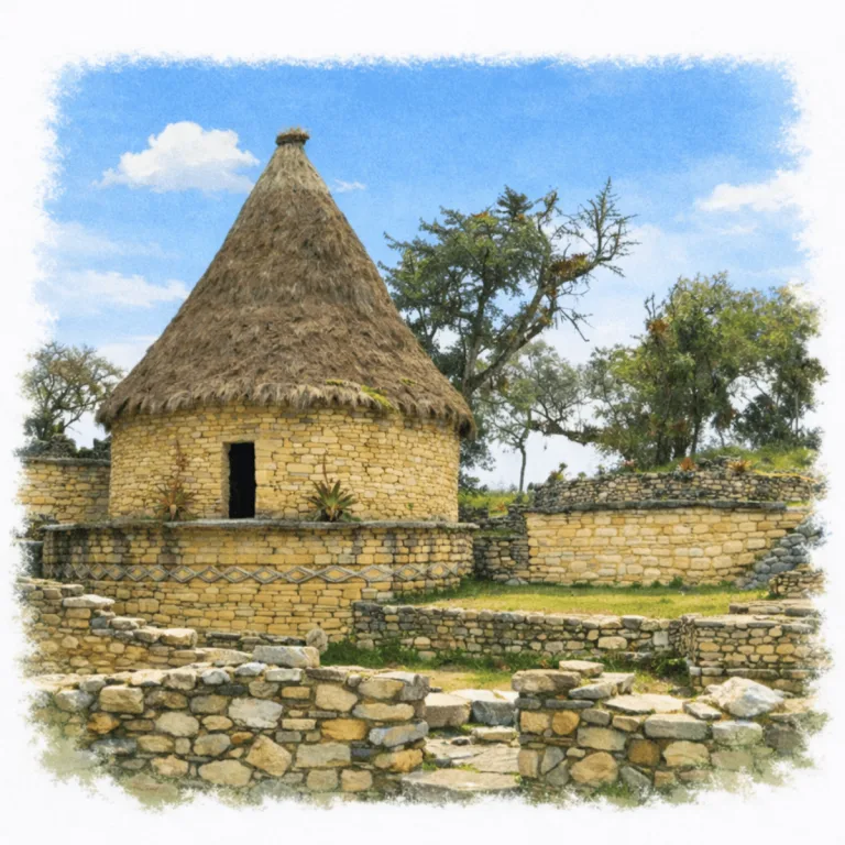 Circular Chachapoya stone house at Kuélap in Amazonas, Peru, with a geometric frieze and tall conical thatched roof.
