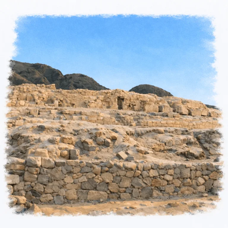 Stone and adobe ruins at Los Paredones, an Inca administrative center near Nasca, Peru, set against the rocky desert hills.