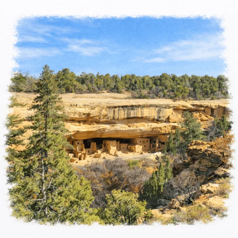 Spruce Tree House cliff dwelling at Mesa Verde National Park in Colorado, with multi-story Ancestral Puebloan masonry sheltered beneath a sandstone alcove.
