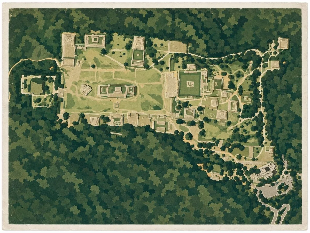 Illustrated aerial map of Monte Albán in Oaxaca, Mexico, showing the Zapotec ceremonial center with the Great Plaza, major platforms, temples, and surrounding terraced slopes.