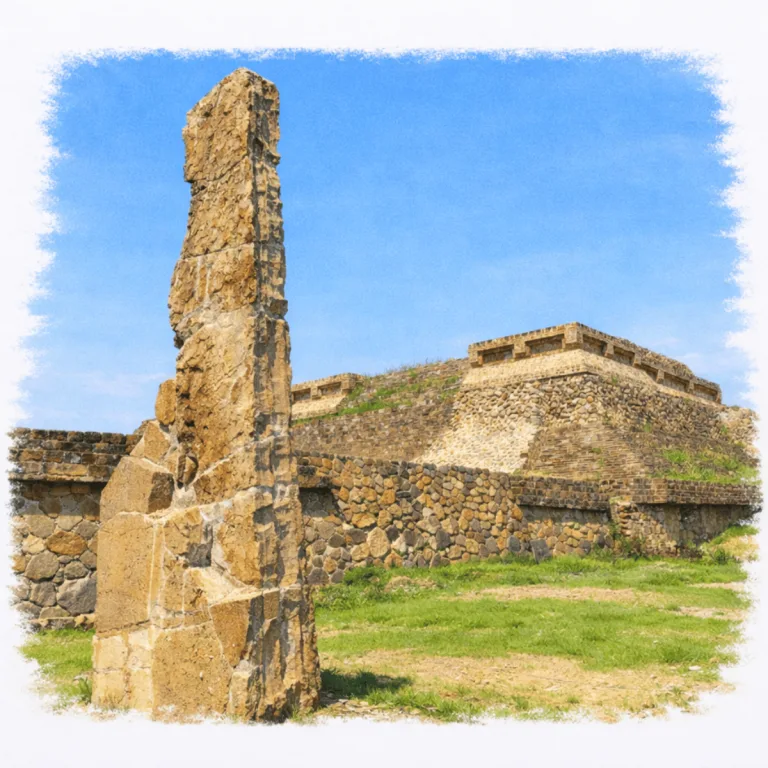 Stela 18 beside Sistema IV at Monte Albán, the ancient Zapotec capital in Oaxaca, Mexico.