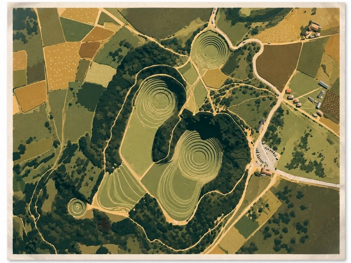 Illustrated aerial site map of Moray in Cusco, Peru, showing the Inca complex of circular agricultural terraces, pathways, surrounding fields, and wooded slopes.